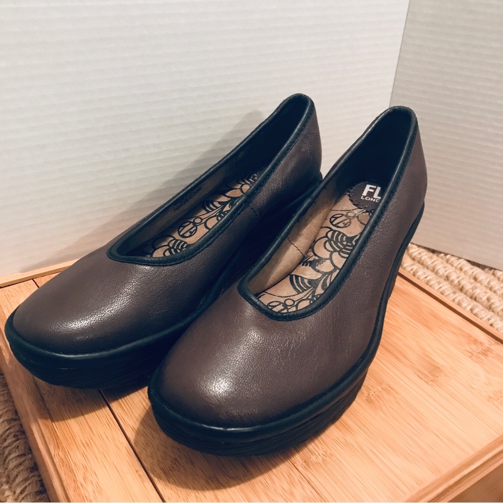 Fly London Brown Leather Wedge Flats